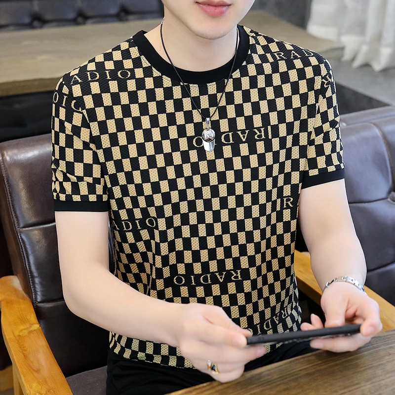 高档冰丝男士短袖T恤薄款速干凉感时尚半袖休闲潮流镂空体恤轻奢