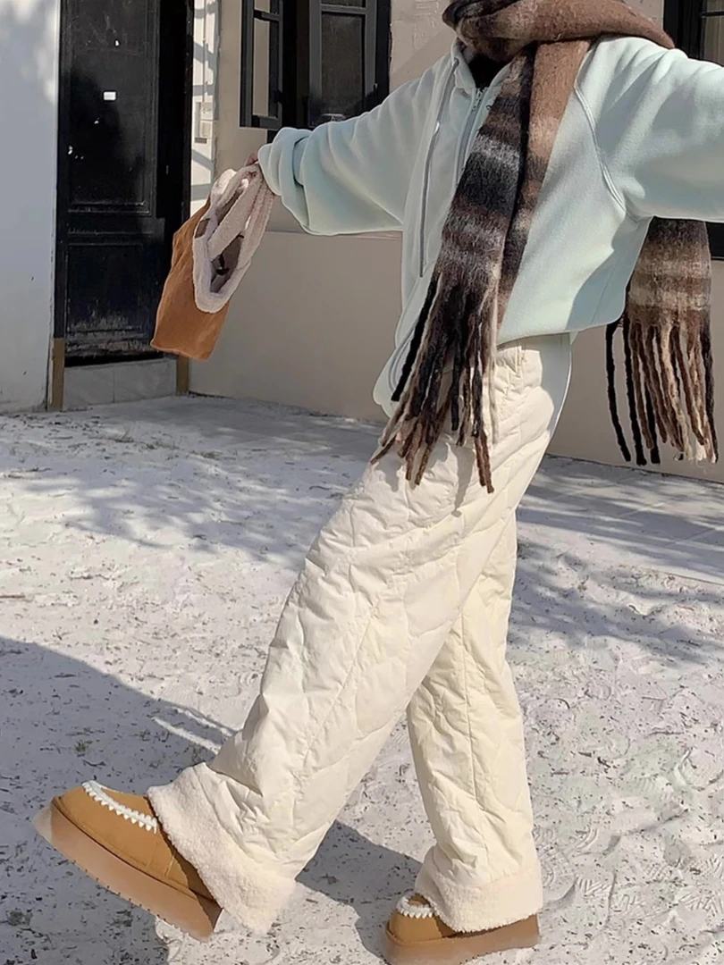 羊羔绒防风棉裤女冬季2024款蓝色加绒加厚高腰显瘦外穿滑雪阔腿裤