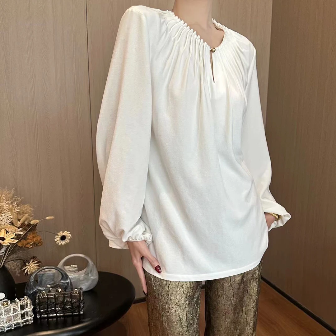 紫紫 禅意美学 慵懒显瘦珠玉白开叉衬衫长袖休闲时尚上衣ZSJC0232