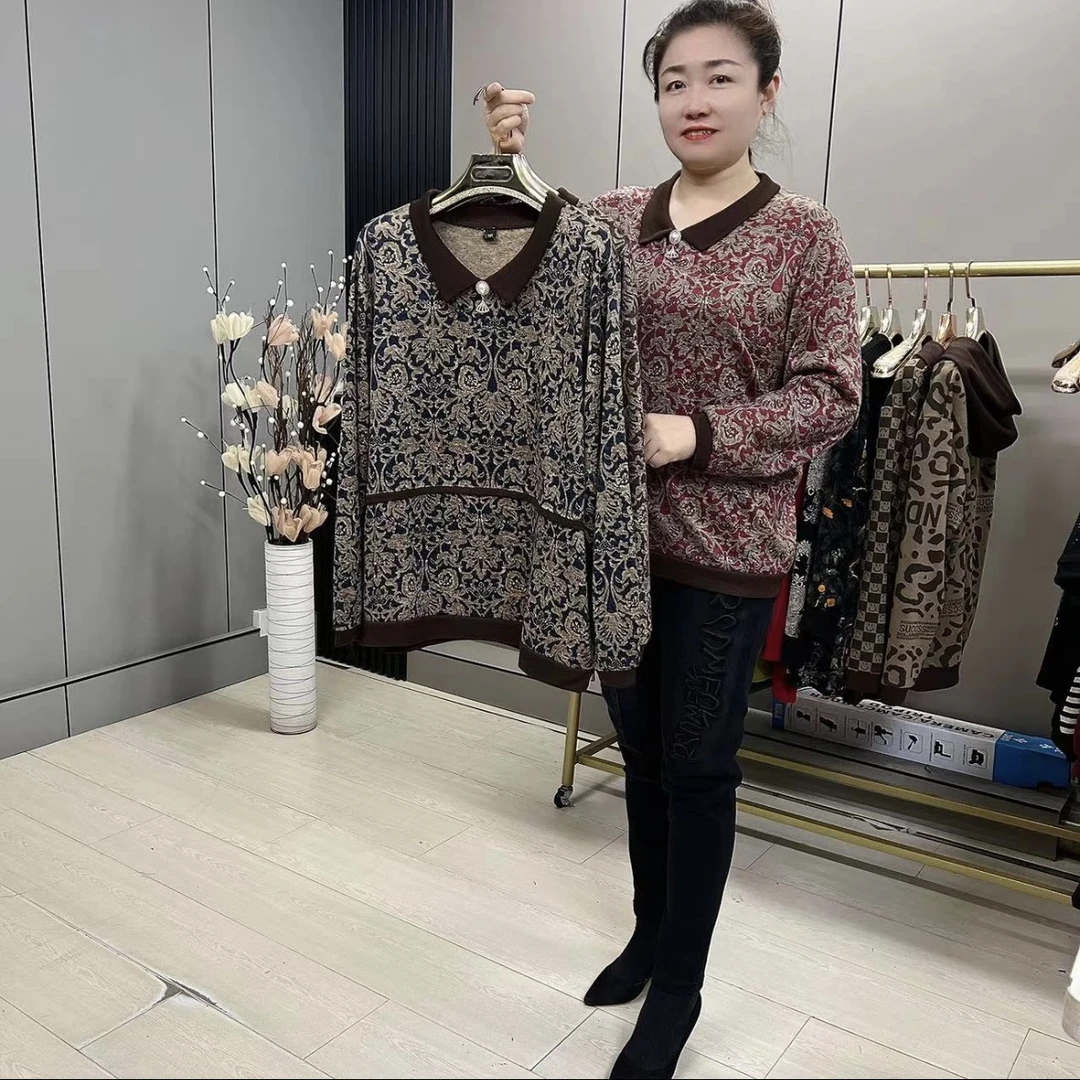 2503款秋冬时尚大码复古百搭休闲碎花翻领提花上衣