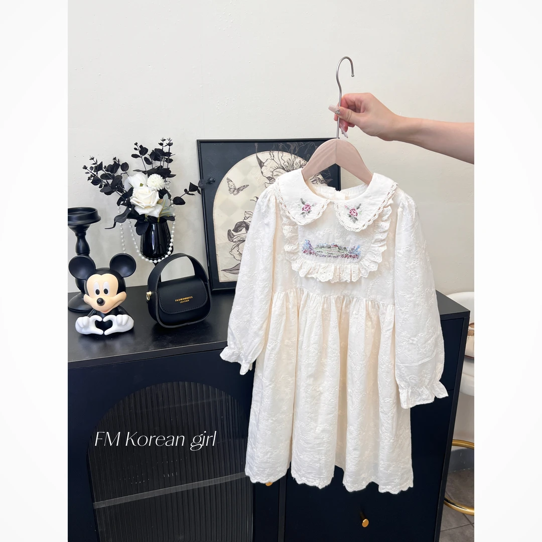 【莫奈花园】娃娃领甜美女童连衣裙卡通绣花碎花花边连衣裙森系女