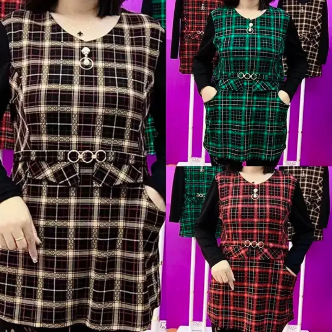 时尚新款格子中长款加绒妈妈衫