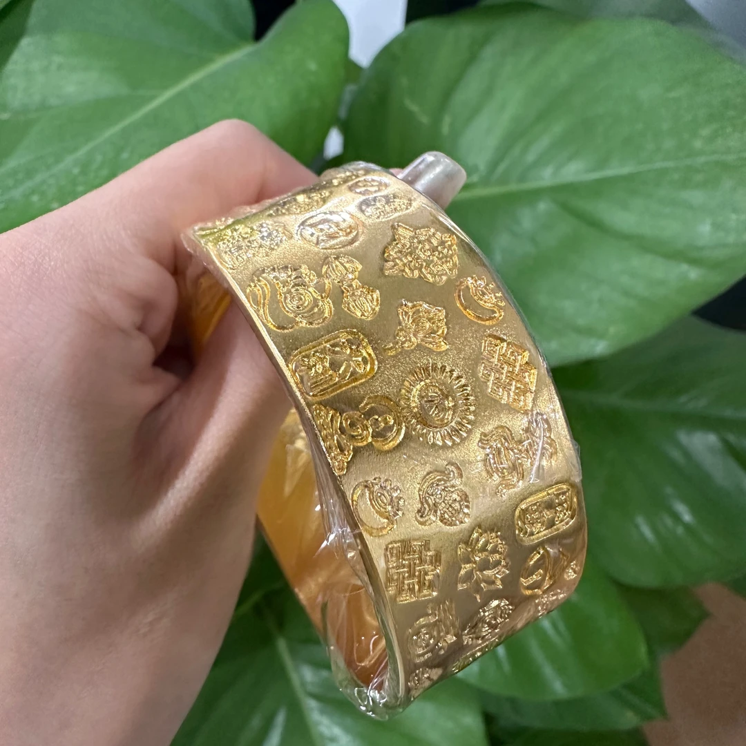 足银手镯 经典吉言手镯活口复古实心纯手工磨砂时尚传承金色光面