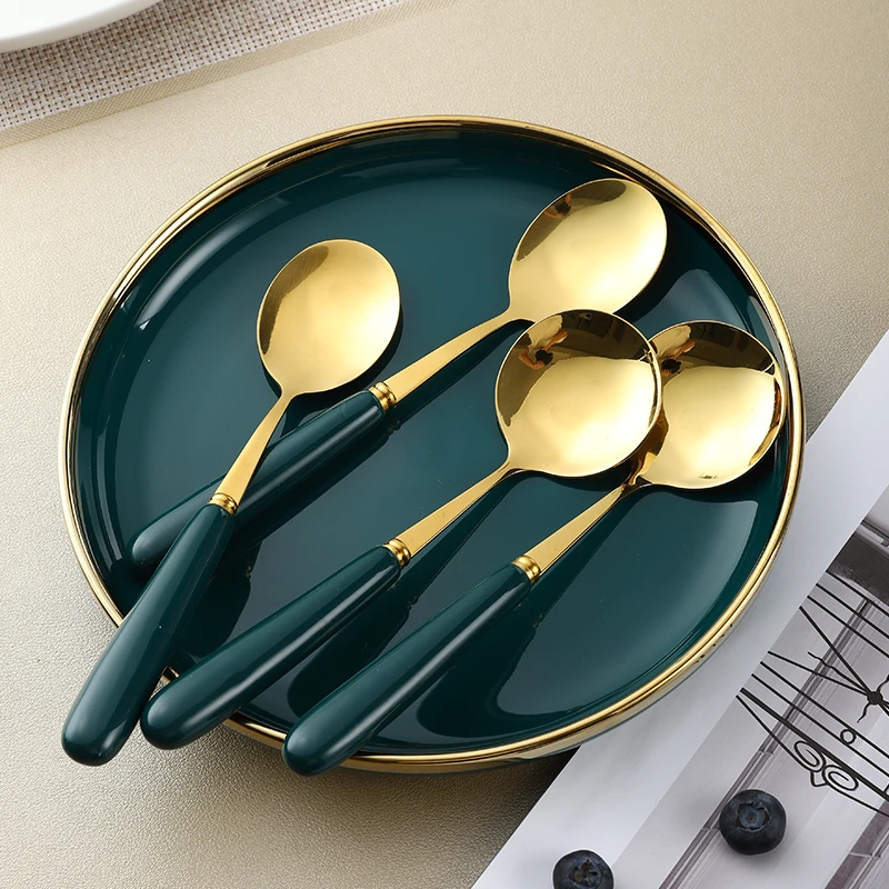 轻奢祖母绿金色大号圆勺不锈钢陶瓷手柄加厚勺喝汤勺餐勺
