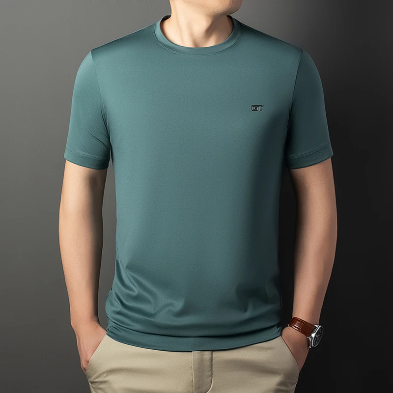 男士休闲夏季桑蚕丝半袖纯色圆领高档时尚百搭薄款潮流速干宽松