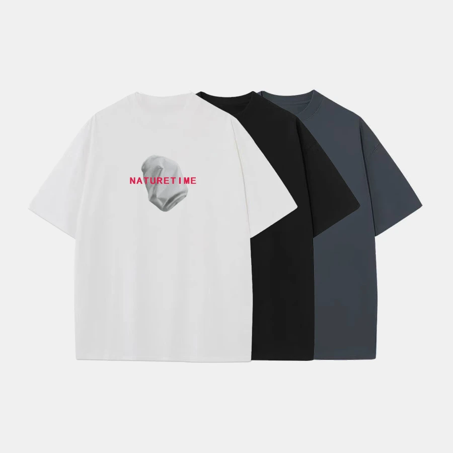 260克重磅双纱丝网印 TIME 潮牌短袖T恤衫落肩美式上衣9093#