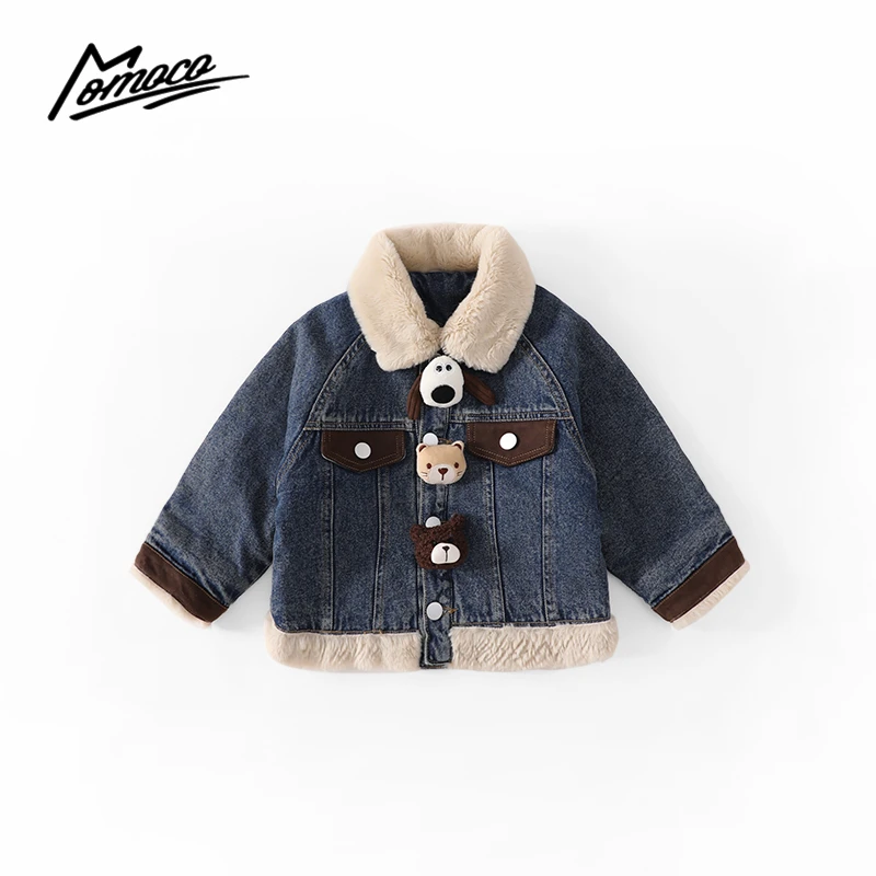 MOMOCO冬季新款男童可爱小动物毛领加绒牛仔外套75430108014