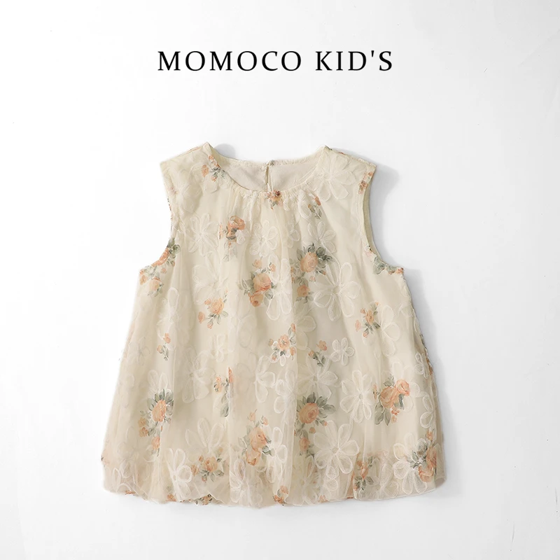 MOMOCO夏季女童无袖背心T恤花朵刺绣儿童时尚短袖上衣75680233002