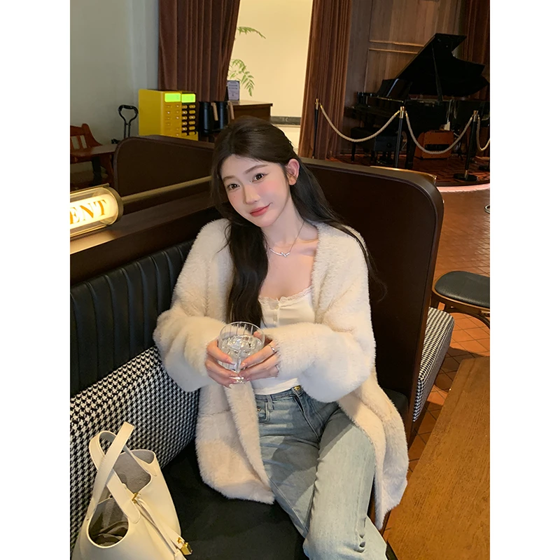 软糯慵懒水貂绒冬季毛衣外套女秋冬宽松加厚温柔奶fufu针织开衫
