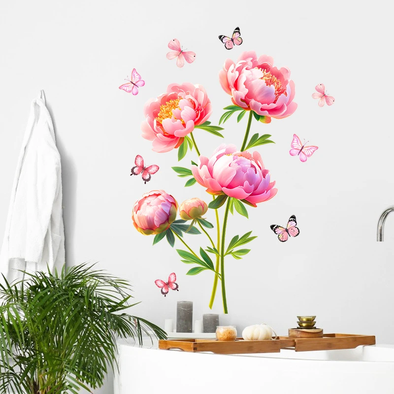 粉色月季花蝴蝶墙壁画卧室客厅墙面背景美化装饰贴画自粘WY9063