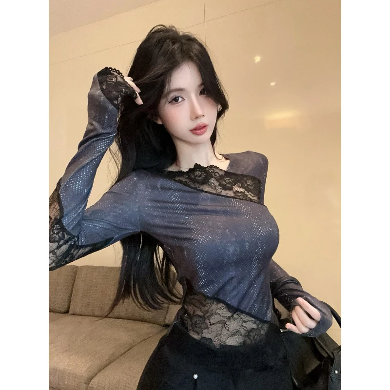 美式y2k甜辣妹斜肩上衣女秋冬高级感不规则蕾丝打底衫内搭可外穿