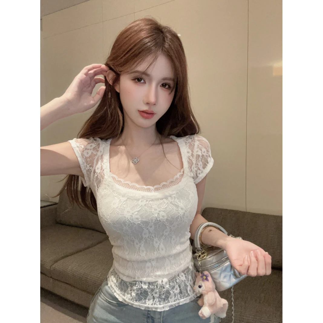 蕾丝网纱方领短袖t恤女夏季纯欲甜辣妹短款小上衣绝美吊带两件套