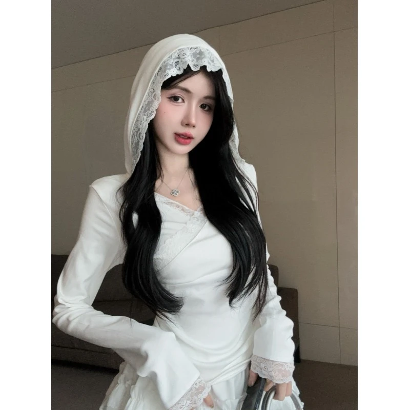 蕾丝边连帽长袖t恤女秋冬纯欲辣妹v领一字肩上衣高级感打底衫内搭