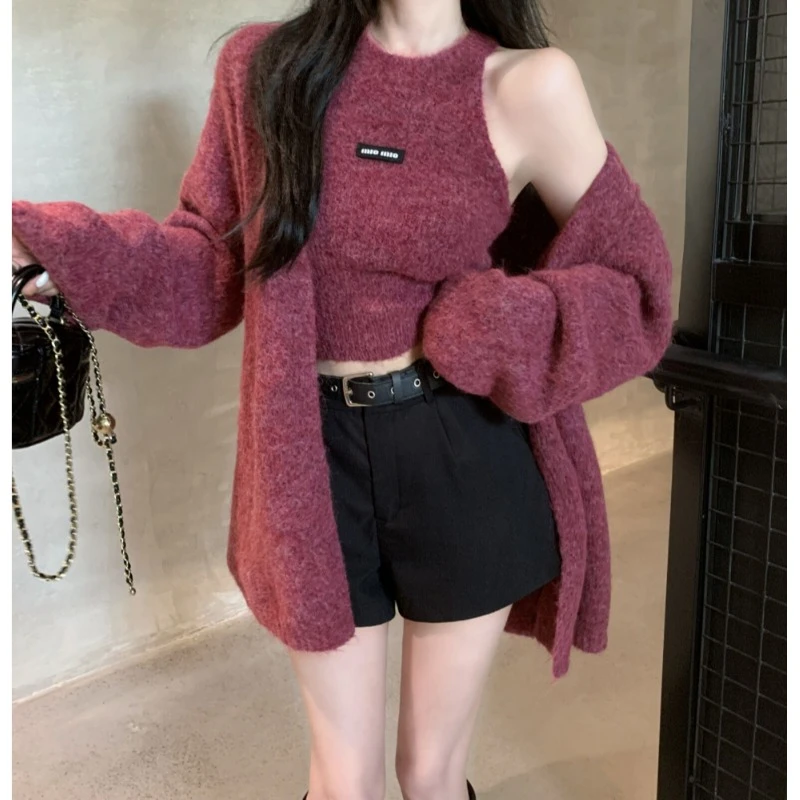 中长款紫色毛衣外套女秋冬慵懒风上衣内搭吊带背心针织开衫两件套