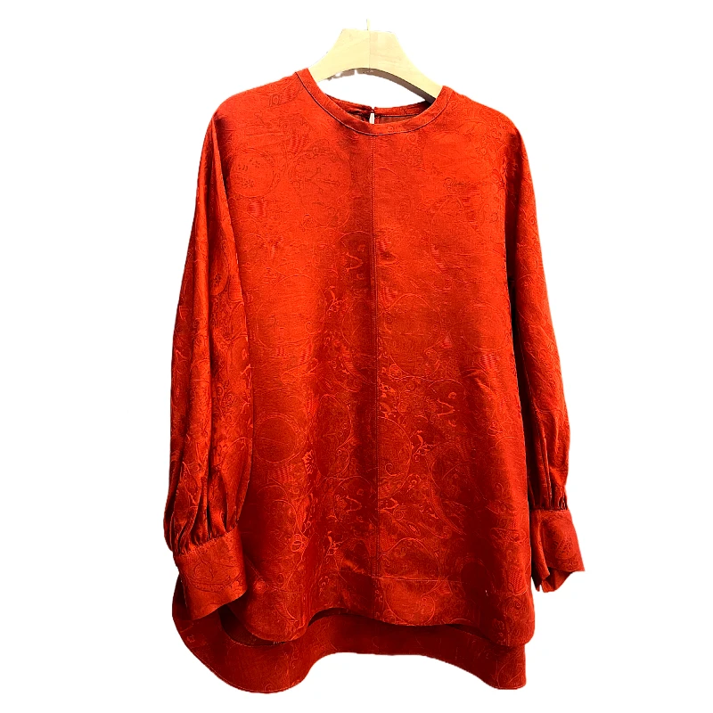 罗马假日新款红色新中式改良款偏襟长袖中长款衬衣中国风红色上衣