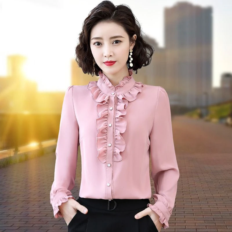 洋气荷叶边雪纺衬衫女长袖木耳领职业衬衣春秋新款