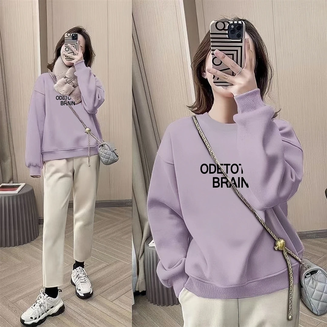 胖妹妹大码宽松显瘦圆领加绒卫衣女士秋冬季新款洋气减龄打底上衣