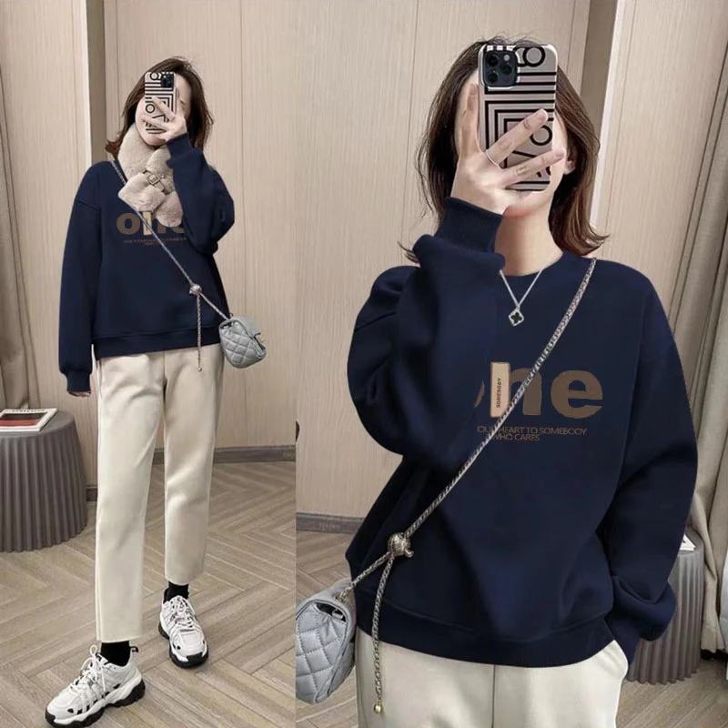 大码微胖mm加绒卫衣秋冬季女装新爆款落肩韩版百搭宽松显瘦外套