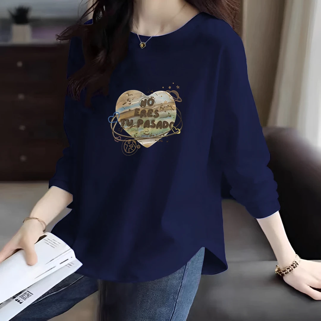 秋冬季新款纯棉T恤衫女士洋气减龄修身显瘦不规则弧形下摆打底衫