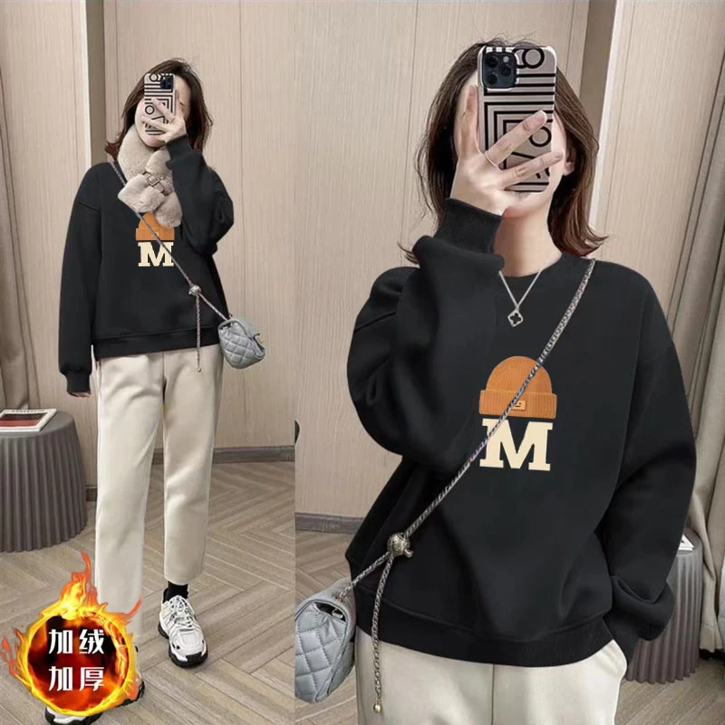 加绒卫衣女士秋冬季2023新爆款高档胖mm大码休闲宽松圆领长袖上衣