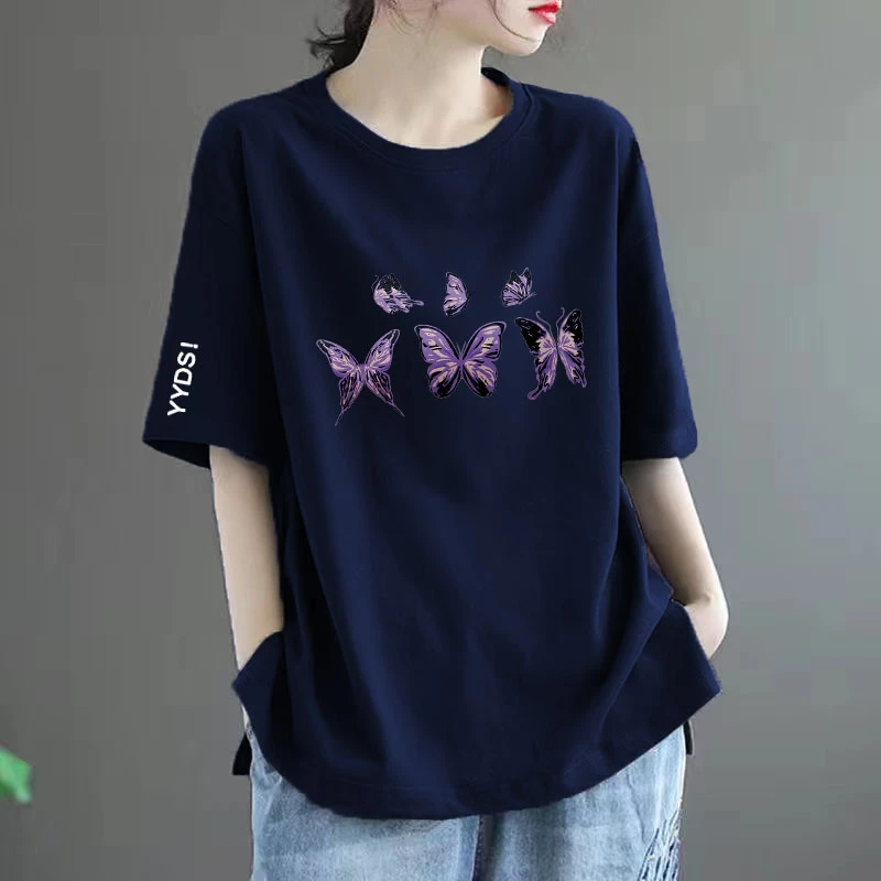 100%纯棉短袖高档t恤女2023夏新款宽松大码胖妹妹韩版上档次上衣