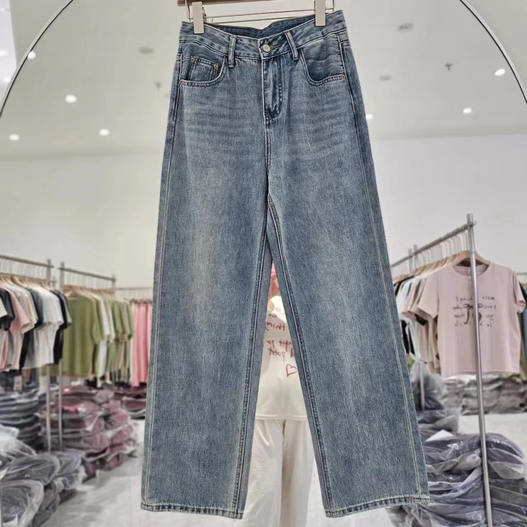 时尚百搭梨形身材窄版直筒牛仔裤女新款高腰宽松显瘦阔腿长裤6086