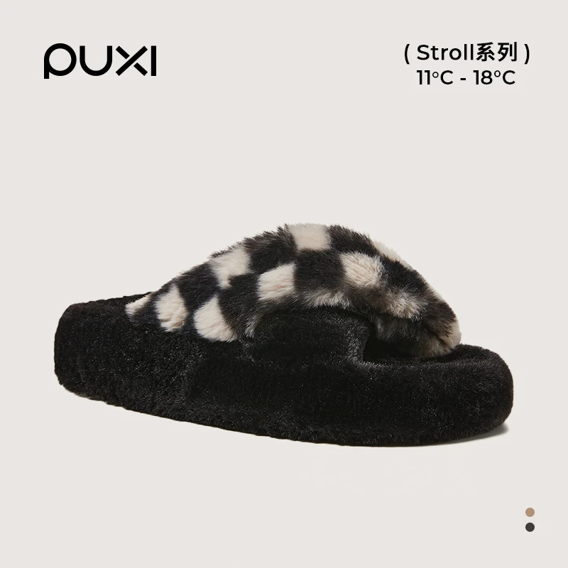 朴西无序厚底毛毛拖鞋女可外穿交叉带秋冬毛绒拖鞋女户外拖鞋