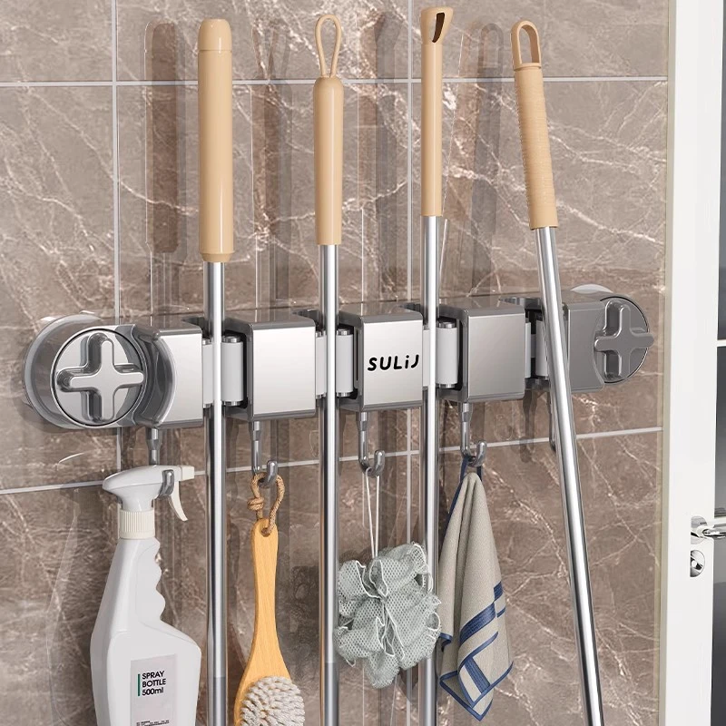 新疆包邮哥吸盘拖把壁挂夹免打孔壁挂扫把拖布家用卫生间浴室强力