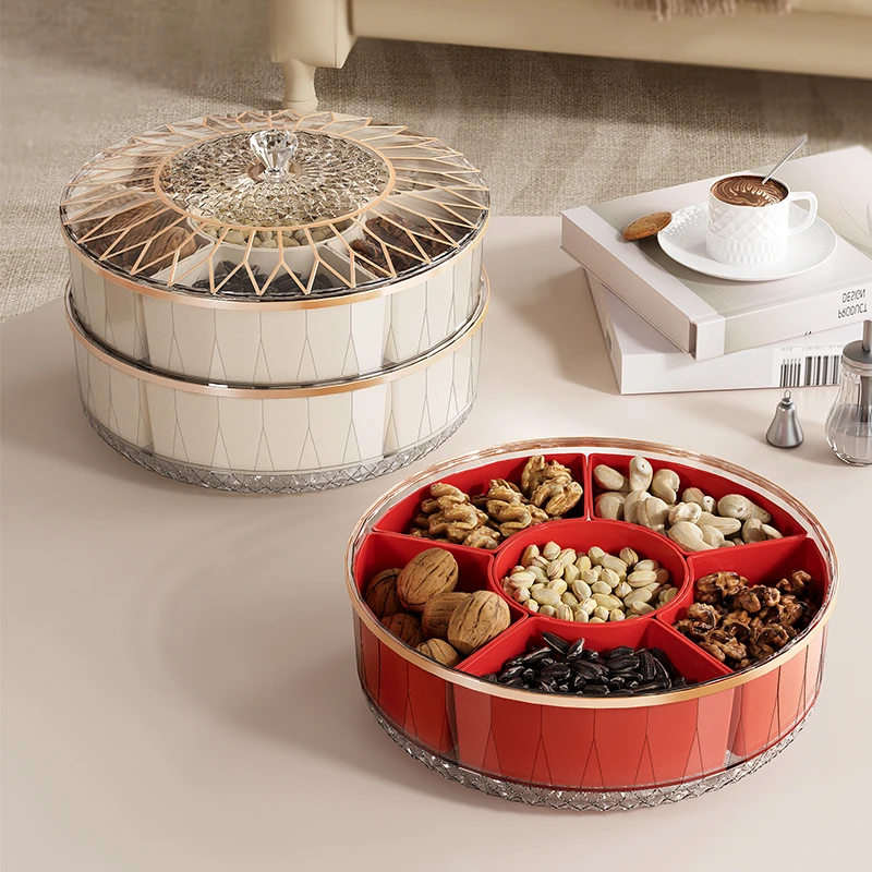 【新疆包邮】轻奢旋转果盘糖果盒茶几干果零食摆放盘分格带盖密封