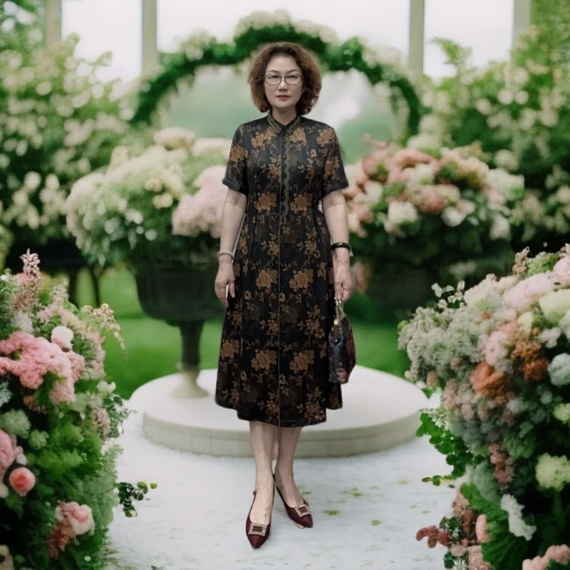 039款香云纱气质型复古中长款夏季碎花优雅连衣裙中国风桑蚕丝