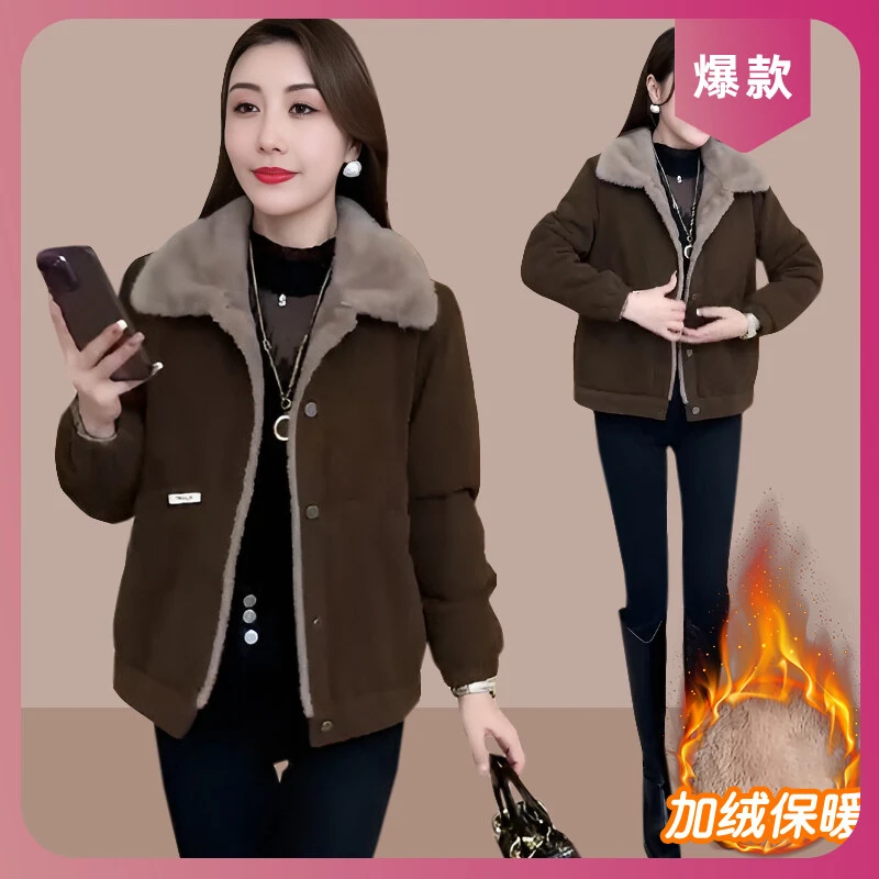 加绒短款外套女2025秋冬时尚洋气百搭翻领小个子保暖女士棉衣