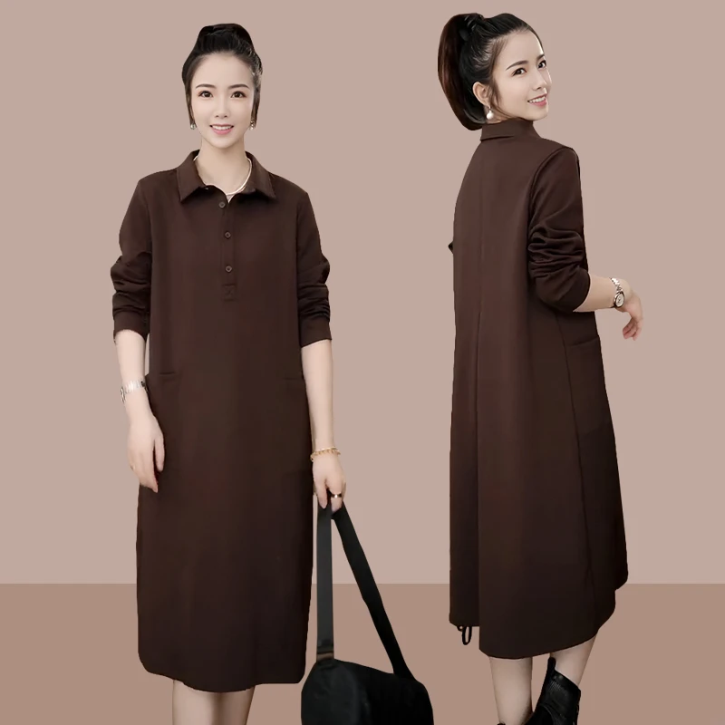 咖色连衣裙女2025春秋新款韩版复古polo领高级感气质时尚中长裙子