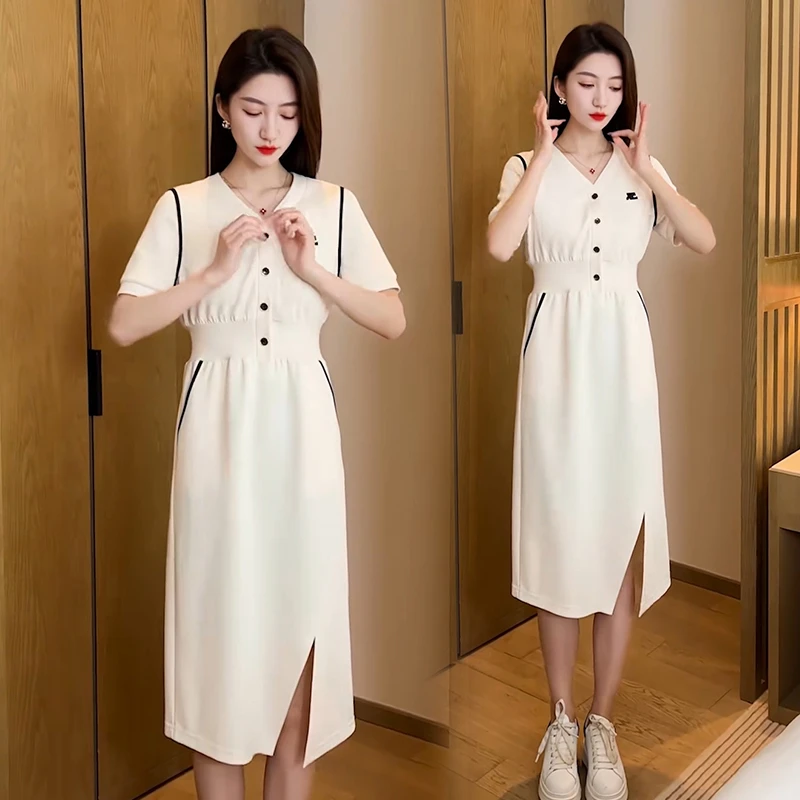 欧洲站时髦收腰短袖连衣裙女时尚休闲高级感v领修身开叉卫衣长裙