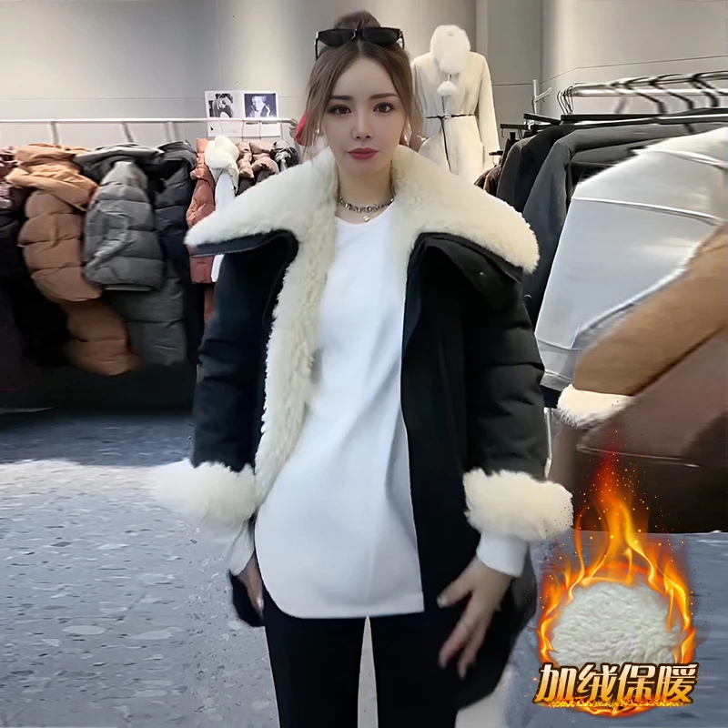 时尚毛毛外套女冬季2025新款韩版宽松中长款加绒加厚工装派克服潮