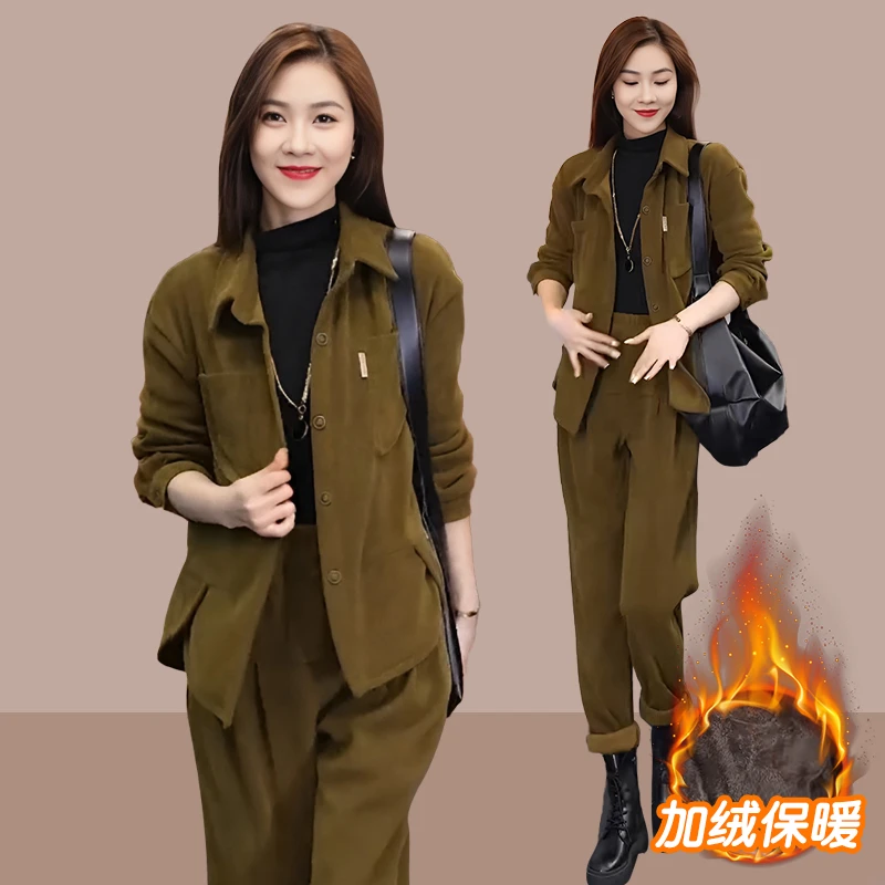 加绒加厚开衫外套2024年秋冬新款女装纯色中老年单排扣翻领上衣