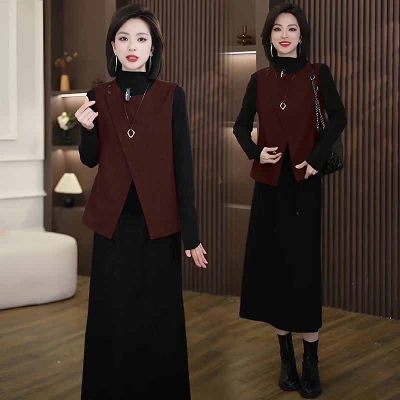 时尚裙子套装女2025秋冬新款洋气宽松休闲马甲打底衫半身裙三件套