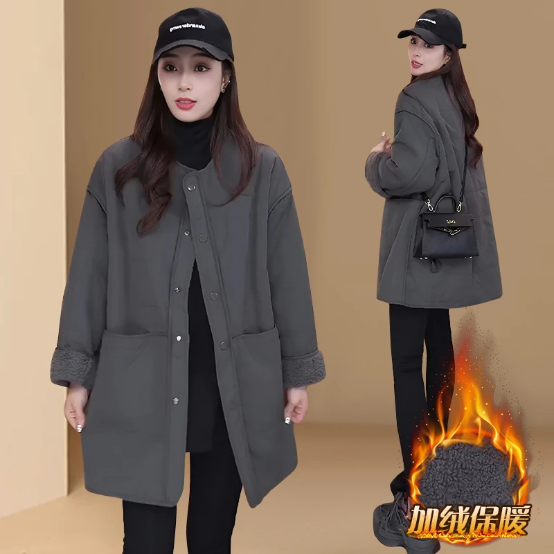2025秋冬新款圆领直插口袋毛毛休闲宽松中长款加绒保暖风衣外套