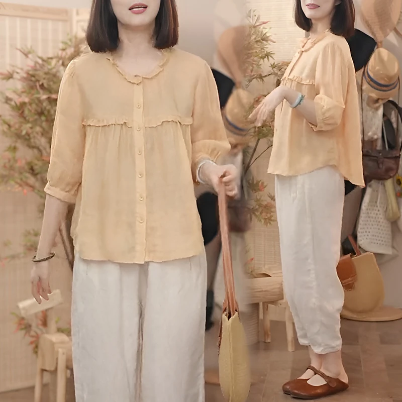 木耳边大码衬衫女士夏季2025新款小个子文艺复古休闲宽松时尚上衣
