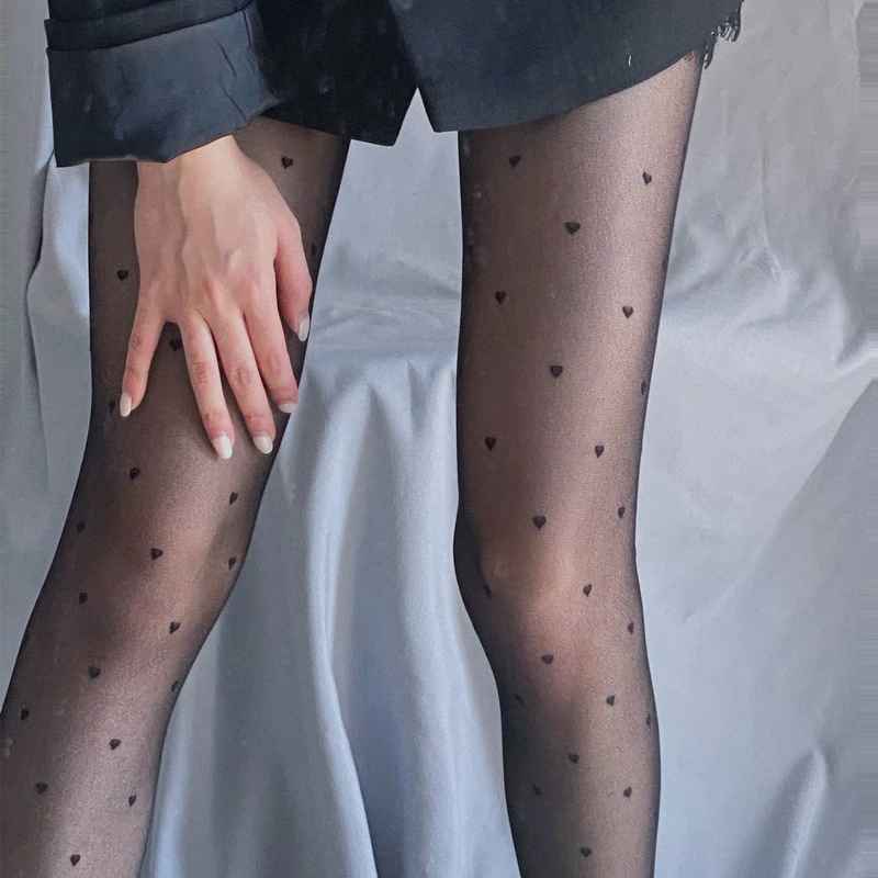 辣妹搭配黑丝袜小爱心波点暗黑风黑色打底袜JK空姐丝袜