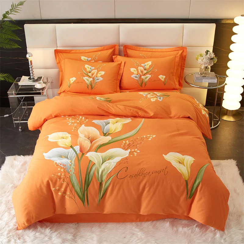 纯棉四件套全棉加厚大版印花床单被罩4件套-唯美桔