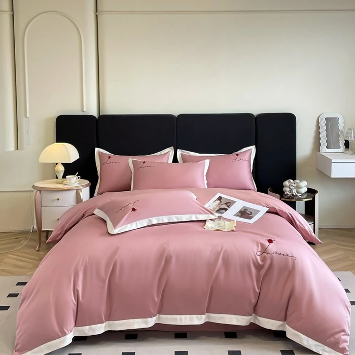 全棉轻奢纯色纯棉斜纹简约刺绣四件套（有床笠）