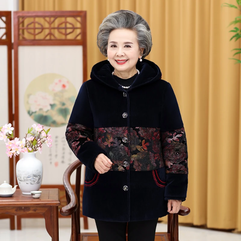 奶奶装棉衣加绒加厚60-70岁厚外套妈妈装连帽棉袄中老年冬装棉服