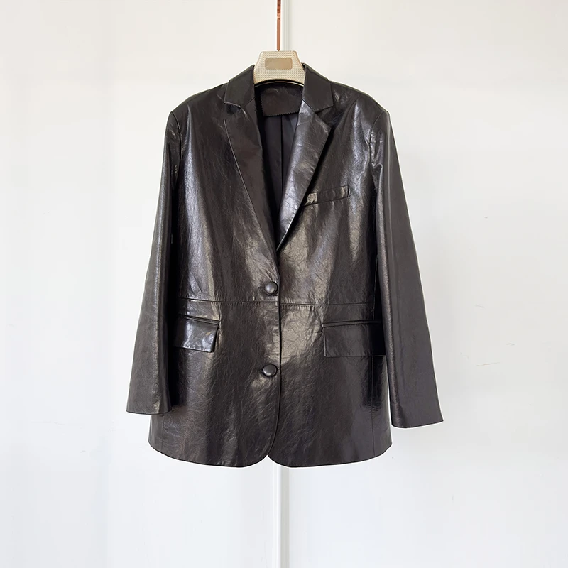 新款赫本山羊皮油蜡皮衣女2025秋冬宽松阔版显瘦真皮西装夹克外套