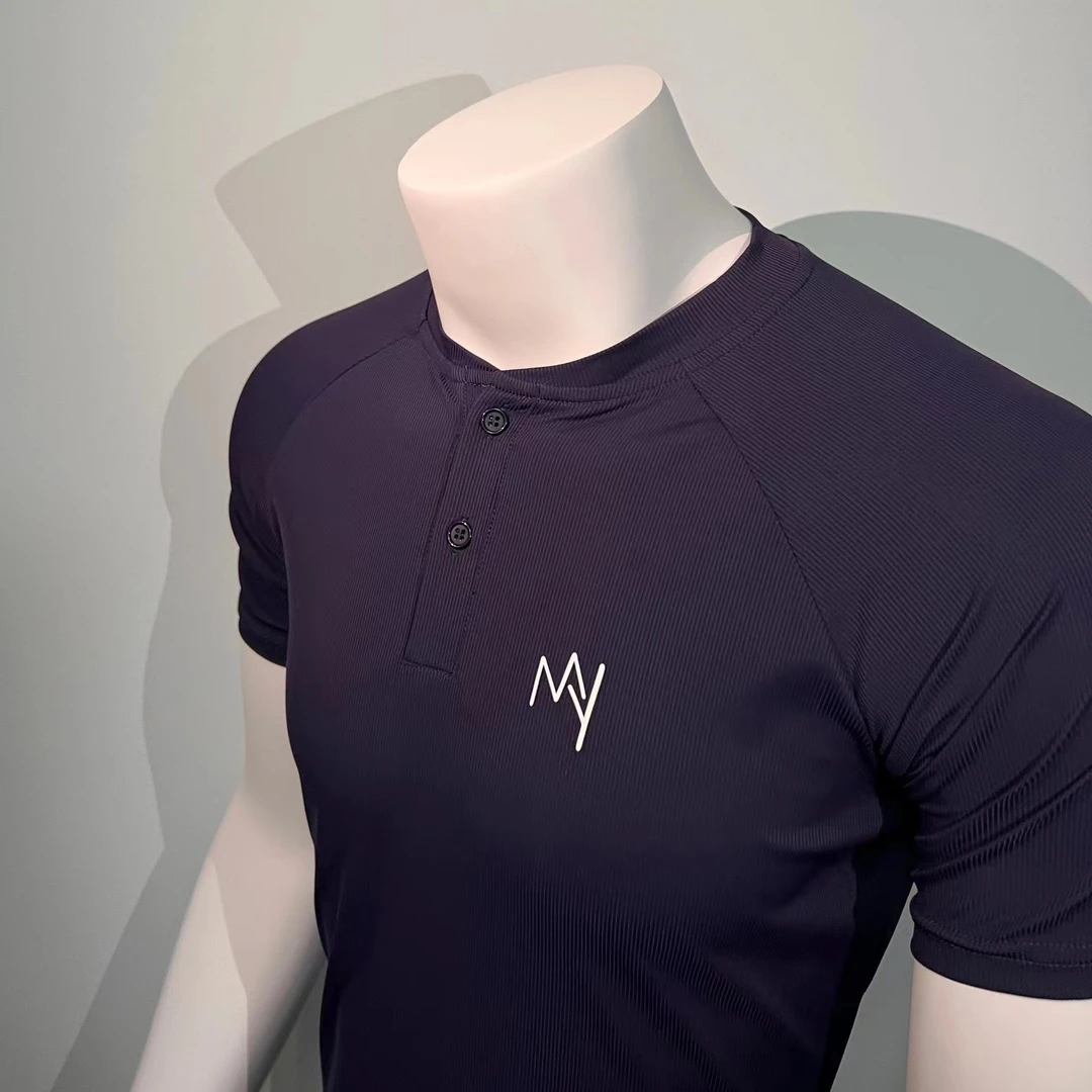 男士摩登舞上衣蓝紫色条纹面料MY001二扣夏季短袖国标舞修身圆领