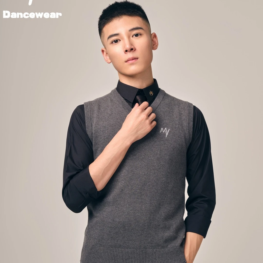 男士摩登舞灰色V领背心MY006国标舞专业弹力 建议拍大一码
