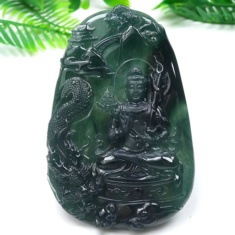 天然A货翡翠冰种老蓝水御龙山水虚空藏菩萨挂件尺寸84.6-56-8mm