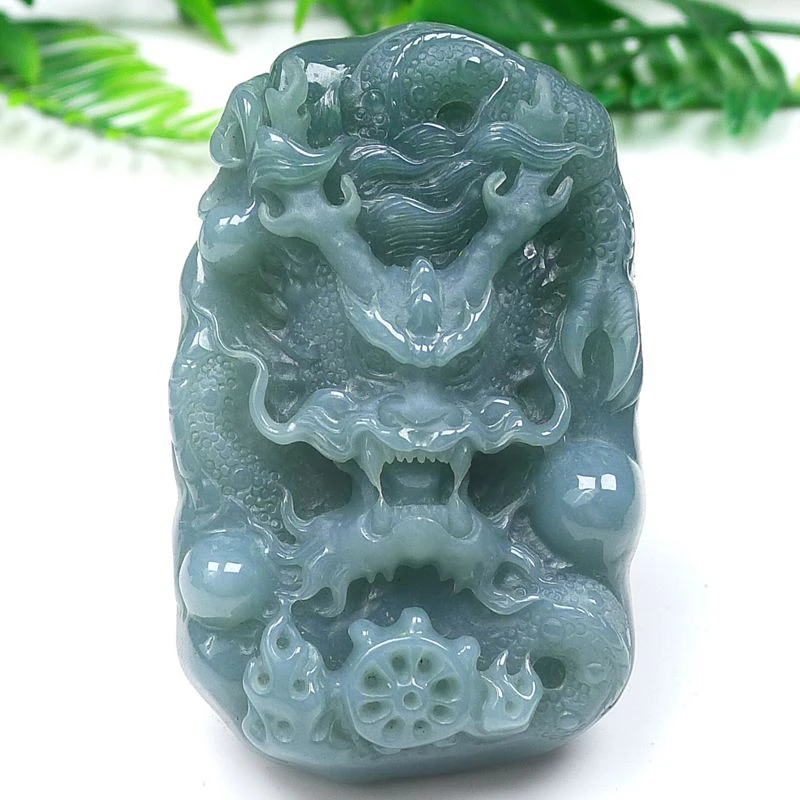 天然A货翡翠精雕立体蓝水霸气龙牌吊坠生意兴隆尺寸66.6-41-16mm