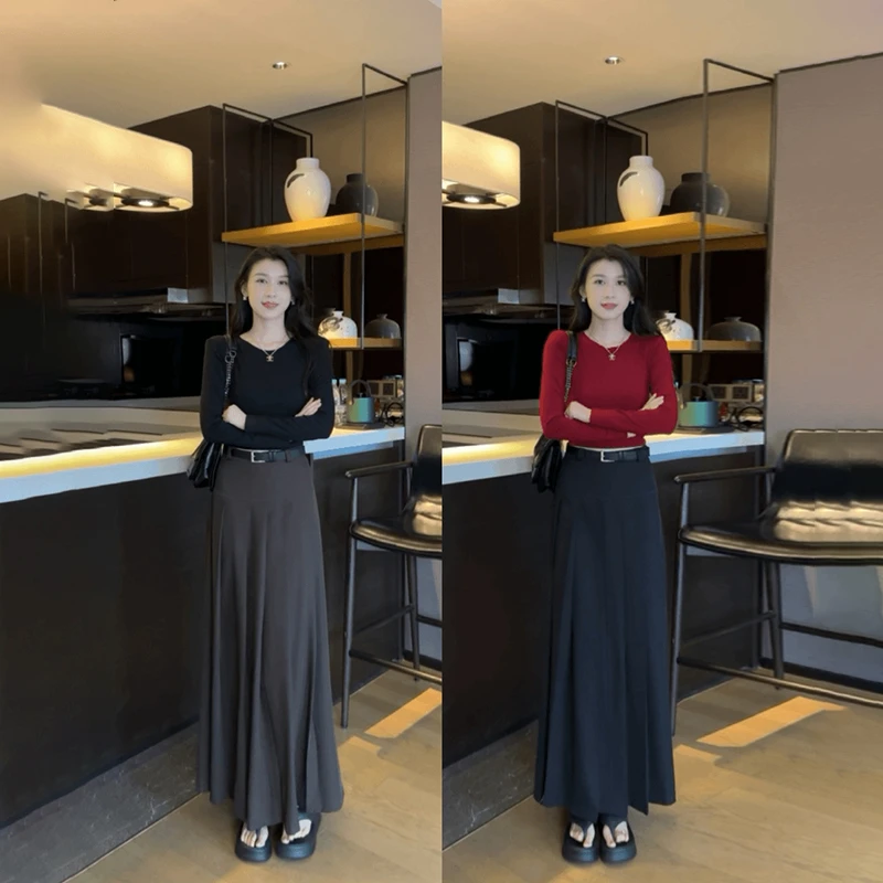2024秋冬季新款气质垂感显瘦露背上衣西装大摆百褶裙长裙两件套女
