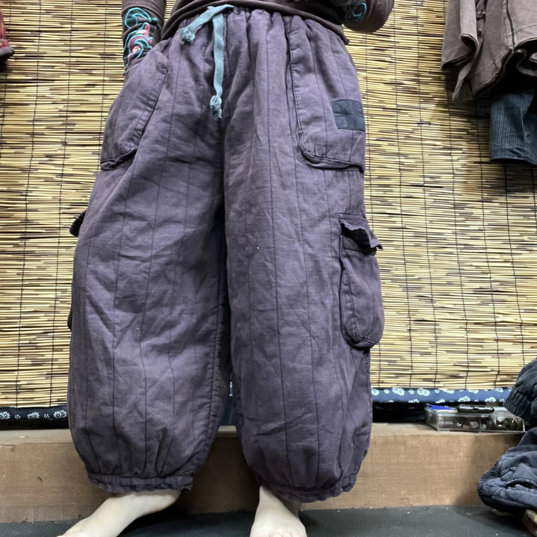 2023新款亚麻炒色夹棉多袋宽松保暖松紧腰冬季休闲多袋裤