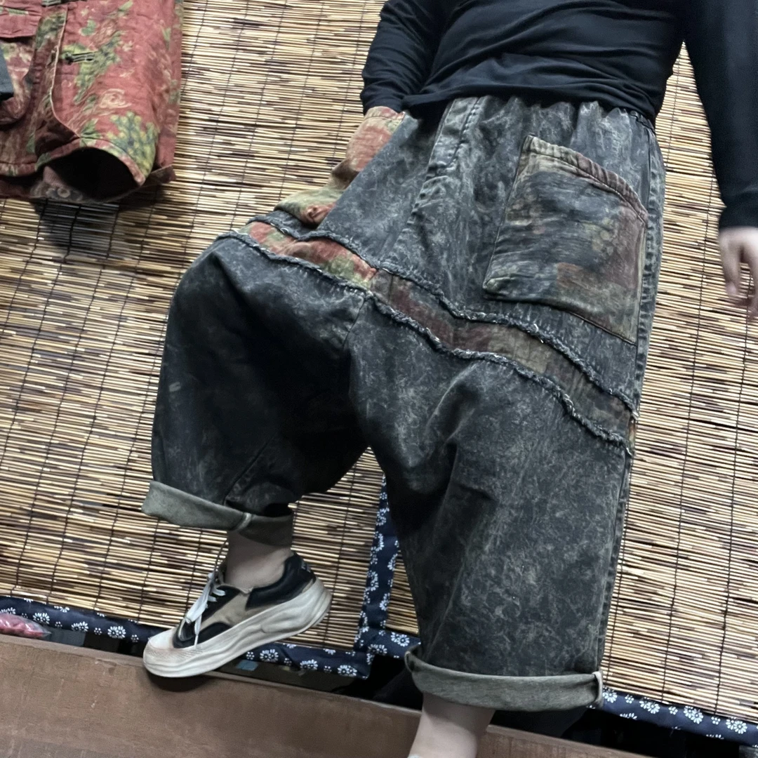 牛仔炒色做旧宽松大版拼色松紧腰垮裤休闲哈伦裤